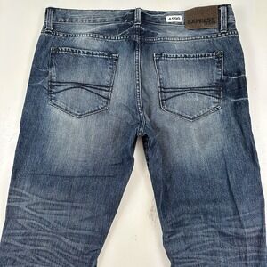 VTG Y2K Express Rocco Boot Cut Jeans Men's 34x32 Blue Slim Patches Repairs Denim